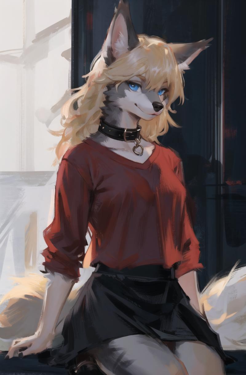 00321-325983552-highres,wolf furry girl,blonde,blue eyes,high detail eyes,_red shirt,(black skirt_1.2),(high detail grey fur _1.4),punk collar,.png